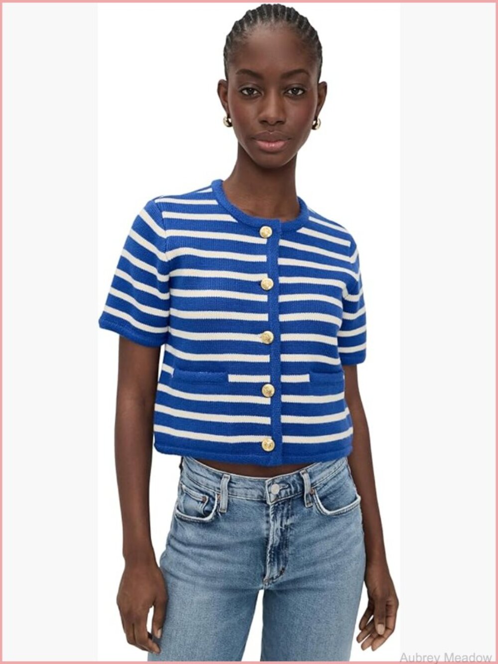 Knit Striped Crew Neck Button Cardigan Short Sleeve